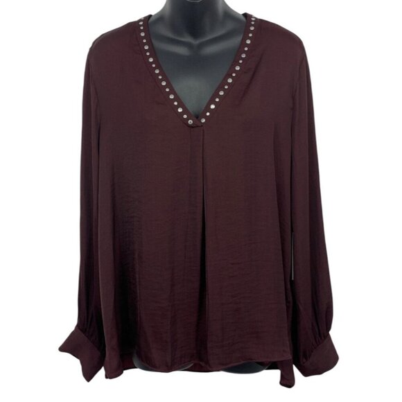 Vince Camuto Stud V-Neck Tunic Blouse Large Burgundy Beaded Long Sleeve NWT New - Picture 1 of 9